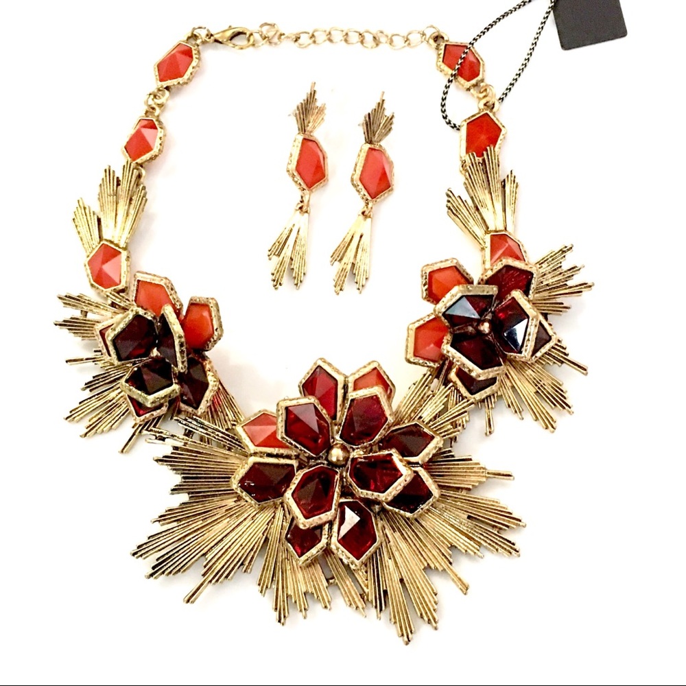 Statement Dimensional Red Rust Floral Necklace Ear - image 1